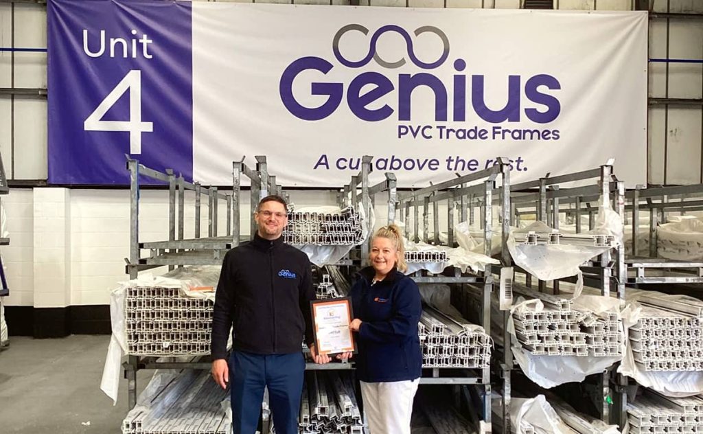 homas Weston, Managing Director of Genius PVC Trade Frames, receiving the Kömmerling at Home scheme certificate from Stephanie Tague